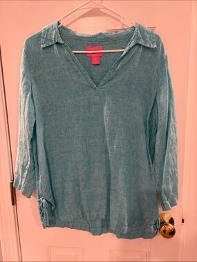 Isaac Mizrahi Seafoam V-Neck Linen Tunic with Side Ties